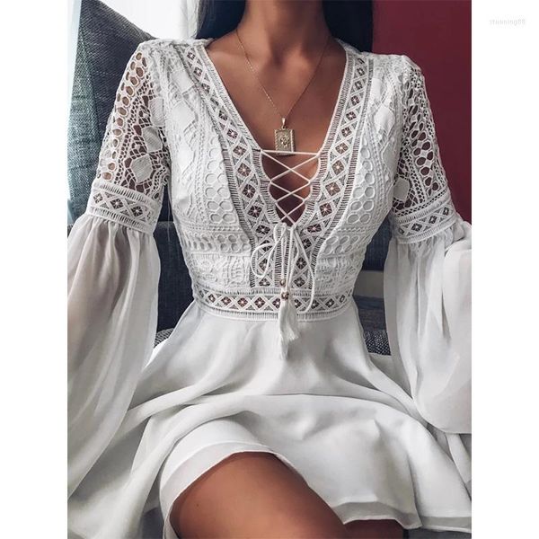 Vestidos casuais Sexy Crochet Lace V Dress Mini Vestido 2023 Summer Sume Sleeve Chiffon Beach Sundress Women Elegant Hollow Out Lace-Up Party