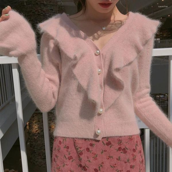 Malhas femininas jsxdhk Moda feminina Mink Cashmere Pearl Button Cardigan 2023 Autumn Winter Pink Ruffles de malha de malha de manga macia suéter macio