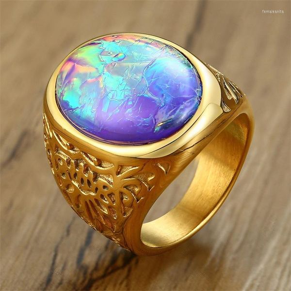 Anéis de casamento aço inoxidável Opal Stone Ring Color Gold Men's Engagement Anniversary Jóias Tamanho7-12