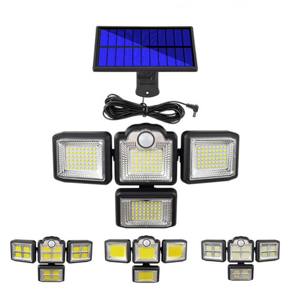 Luzes de parede solares pir, lâmpada de parede, 4 cabeças Luz de segurança, 6000k Legal White, 3 modos ao ar livre 192 LED 2400lm Luzes de sensor de movimento com controle remoto, fio de 5m separado