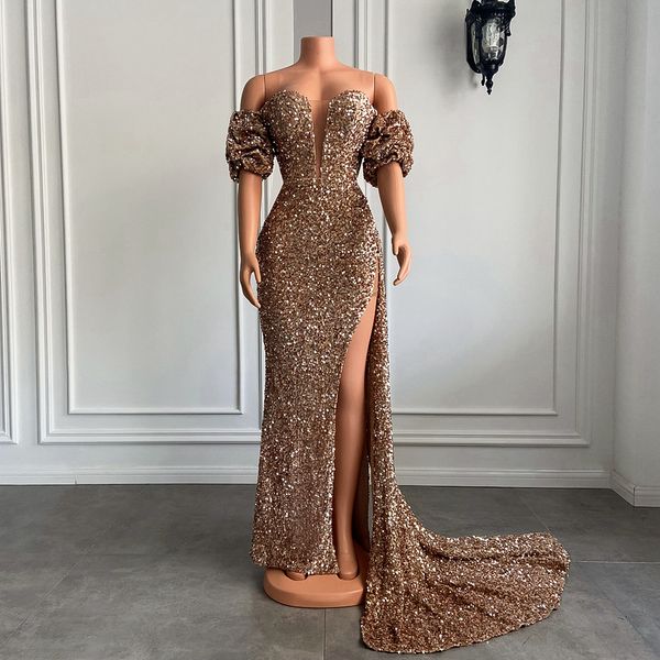 Vestido de baile de baile longa de ouro de luxo 2023 estilo de sereia brilhante fora do ombro de lantejoulas altas de lantejoulas pretas festas noturnas vestidos formais