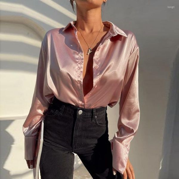 Damenblusen Frühlingsknopf Langarm Satin Weiße Kleidung Elegante grüne Seidenhemden Frauen Casual Solide Lose Bürodame Tops 22717