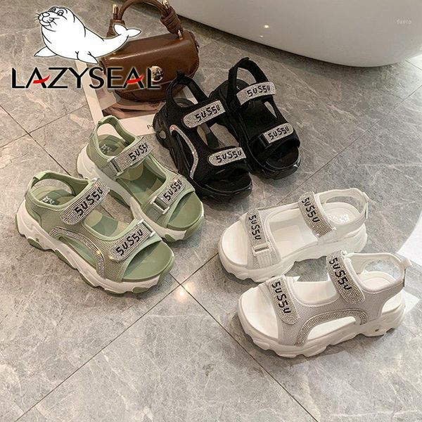 Sandalen LazySeal Luxus Kristalle Damen Plattform Keilabsatz Schuhe Frauen Haken Schleife Sommer 5 cm Höhe Zunehmende Damen Sandale1