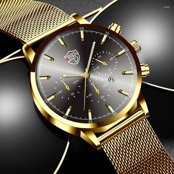 Нарученные часы модные роскошные золотая из нержавеющая сталь сетчатая сетка Quartz мужские часы мужской кожаный спортивный календарь светящиеся часы Reloj hombre