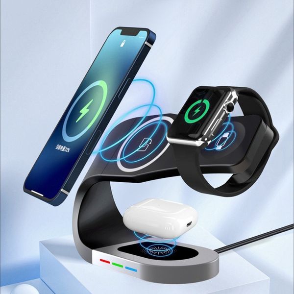 4 em 1 Fast Wireless Charging Stand Stand Dock Dock 15W Carrega magnética multifuncional compatível com MagSafe para iPhone 14 Pro Max 13 12 Apple Watch AirPods