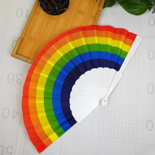 Decoração de casa Rainbow Hand Hand Railding Fan dobring Silk Fan Hand Fan Vintage Rainbow Design Held Fans for Birthday Graduation Holiday 0319