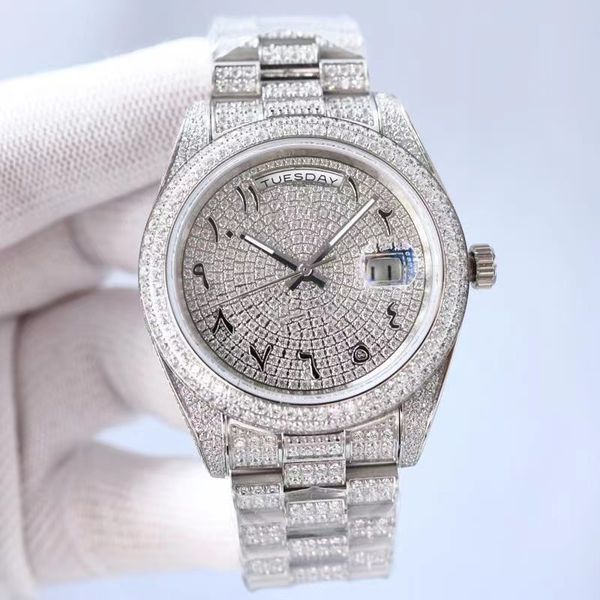 Роскошь All Diamond Men's Watch Pearl Machine Автоматические механические часы 41 -мм серебряный ремешок мужская нержавеющая сталь Жизнь Водонепроницаемые часы модные часы подарок