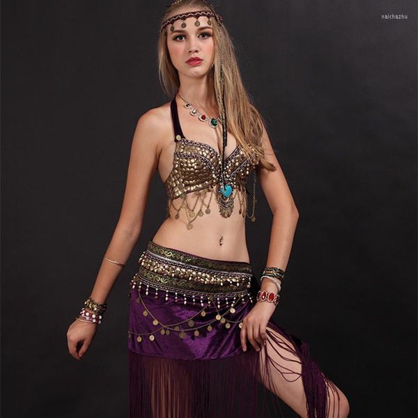 Bühnenbekleidung zum Verkauf, Damen-Bauchtanz-Kleidung, 2-teiliges Set, ägyptische Tanzbekleidung, Stammeskostüme, BH, Hüfttuch, Rock