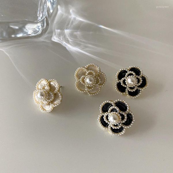 Brincos Stud GSOLD Retro Black White Drip Glaze Imitation Pearl Flower Ear Studs Simple Geometric Metal Esmaltado Brinco Moda Feminina