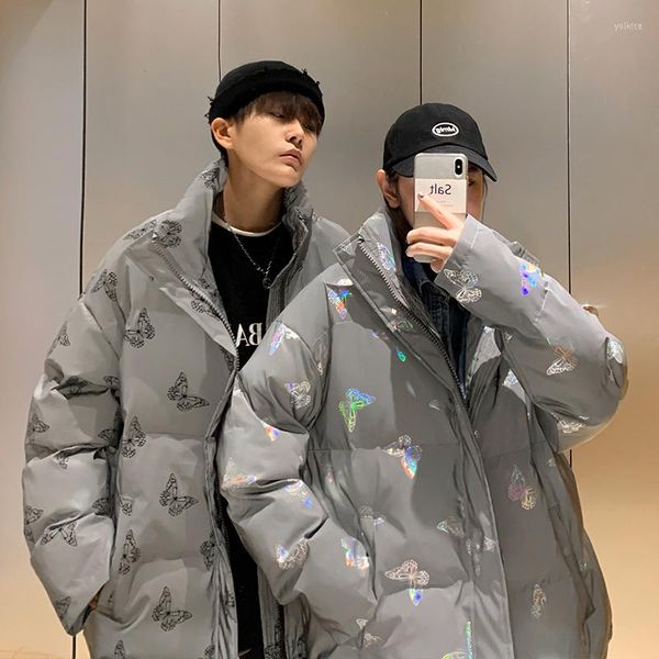 Masculina masculina Harajuku Jackets refletivos brilhantes casacos homens parkas inverno acolchoado e grossa casaco de borboleta de borboleta parka