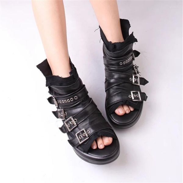 Sandals Punk Style Women Peep Toe Summer Boots Genuine Leather Platform Female Gladiator Sandal Ankle Booties Creepers