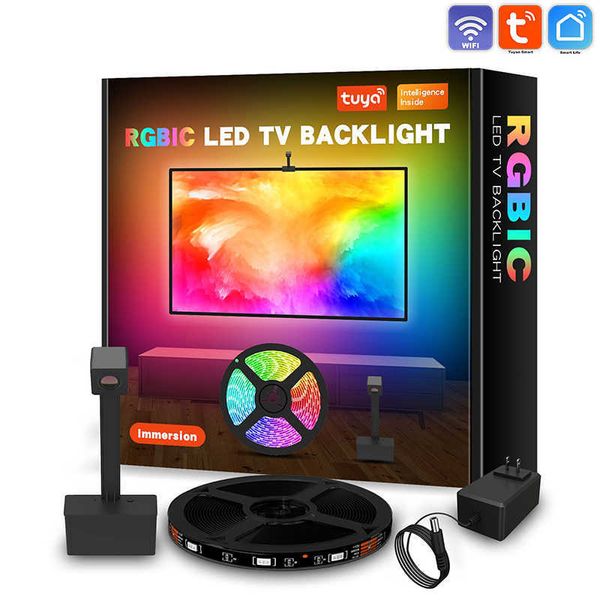 LED-Streifen, LED-RGBIC-WIFI-TV-Hintergrundbeleuchtung, App-Steuerung mit Kamera, mehrfarbige Musiksynchronisation, TV-Hintergrundbeleuchtungsstreifen für 55-65-Zoll-TV-PC-Kits P230315