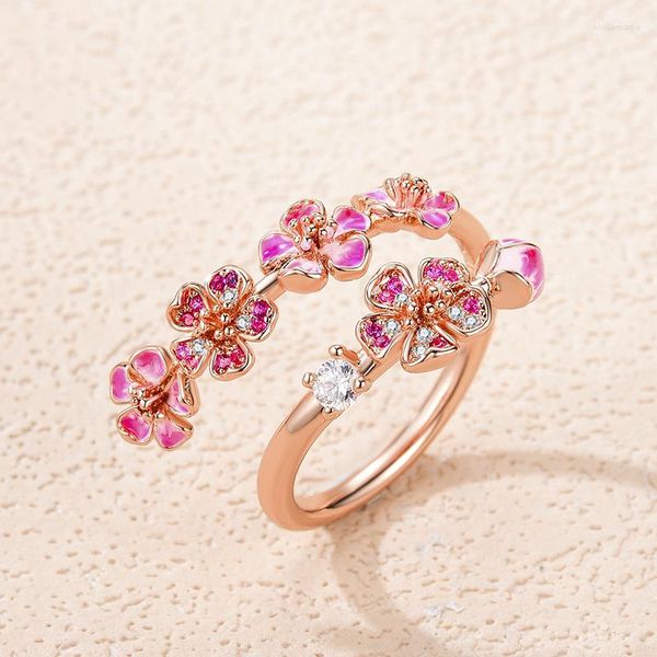 Anelli a grappolo Stylever Romantico fiore di ciliegio rosa fiore per donna Anello regolabile in argento sterling 925 con zirconi in oro rosa