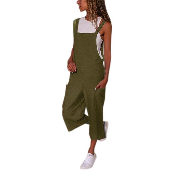 Damen Jumpsuits Strampler Frauen Ärmellose Latzhose Lose Baumwolle Leinen Langer Playsuit Lässiger Overall