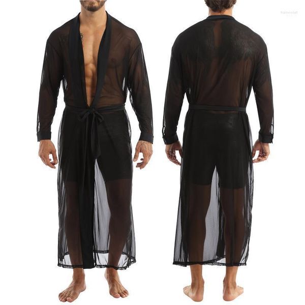 Trench de trincheira masculina roupas de moda de moda festa de verão de malha frontal transparente camisa longa capa casual top com manga vestido