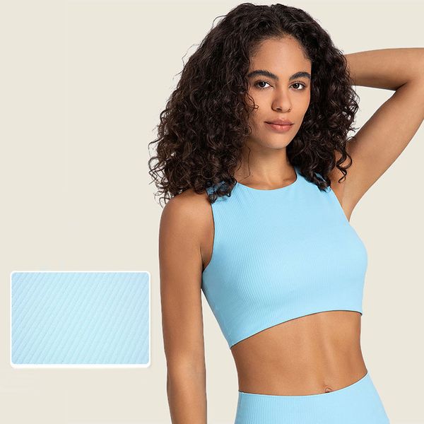 L368 SPR Sutiã de ioga listrado com nervuras Regata de gola alta com copas removíveis Sutiãs esportivos fashion gola redonda blusas femininas