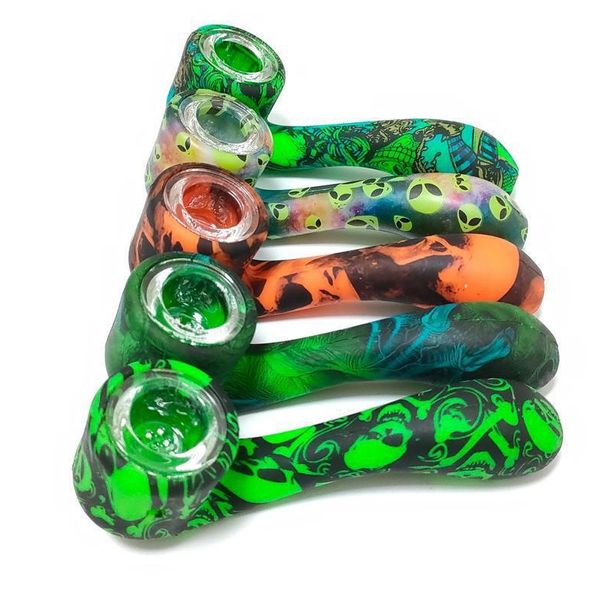 Cool Pattern Colorful Silicone Tubi stile portatile Herb Tobacco Oil Rigs Glass Multihole Filter Bowl Handpipes Smoking Cigarette Hand Holder Tube