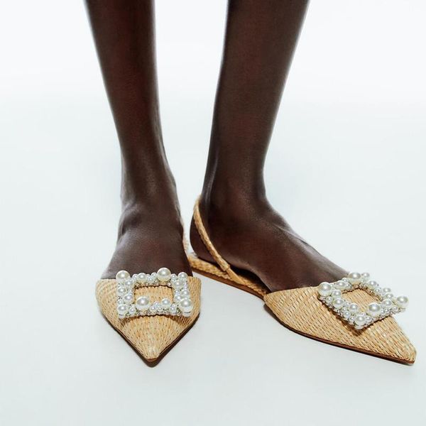 Sandalen Mode Marke Perle Schnalle Frauen Schuhe Flache Ferse Spitz Slingback Slip Auf Maultiere Kleid Schuhe Sandalen