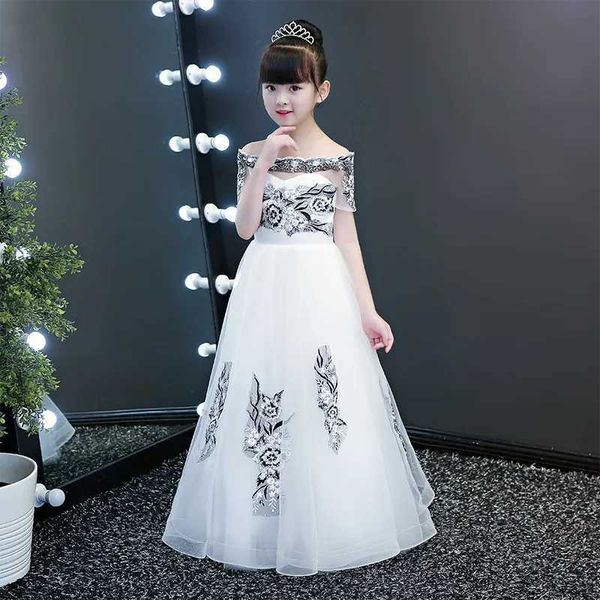 Mädchenkleider KIds Princess Dress Puffy Yarn Kinder-Gastgeberabend Weiße Blume kommt für Mädchen 2023 Hochzeit Klavieraufführung Frühling