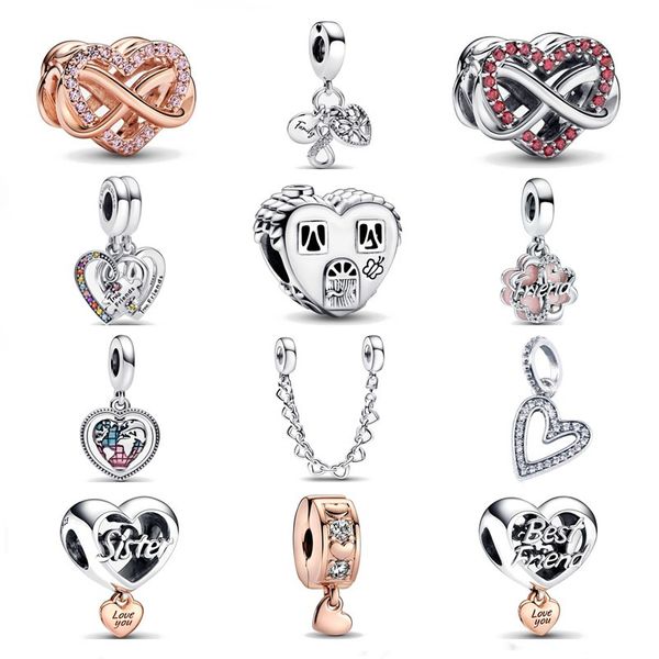 925 Prata Fit Pandora Original Charms DIY Pingente Feminino Pulseiras Contas Família Girando Coração Globo Oscilando Melhor Amigo Coração