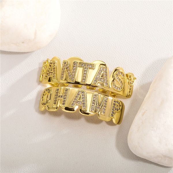Hip Hop Teeth Grillz Iced Out CZ Letter FANTASY CHAMP Diamond Mouth Set di griglie per denti placcato oro argento