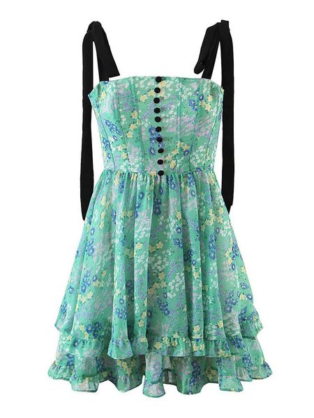 Casual Kleider Frauen Sommer Mode Nette Blumen Druck Mini Kleid Vintage Plissee Spaghetti Strap Bogen Französisch Stil Vestidos MujerCasual