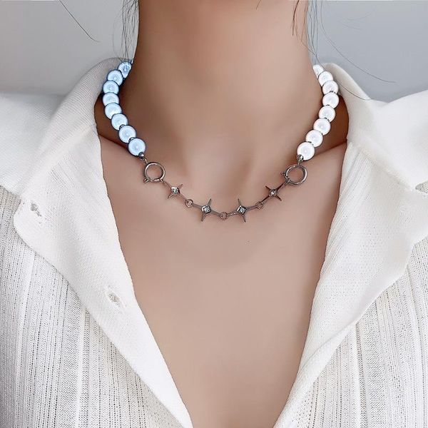 CHOKER VSNOW заявление сине -белого отражающего жемчужина поперечное ожерелье для женщин изящное застежка -хрупкое украшение