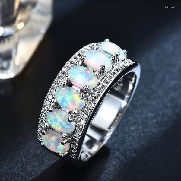 Alyans Boho Big White Fire Opal Taş Yüzük Vintage Gümüş Renk Sözü Aşk Kalp Katılımını Kadınlar için BRIT22