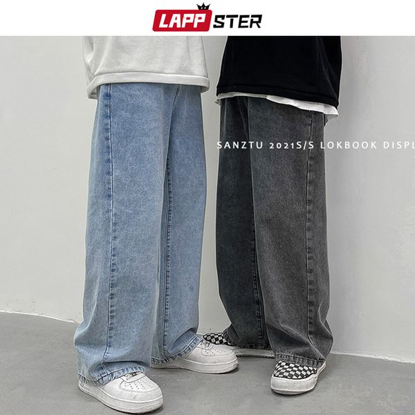 Мужские джинсы Lappster Men Men Corean Streetwear Широкие ноги мешковатые осень Harajuku Винтажные голубые джинсовые брюки Мужские повседневные грузы 230317