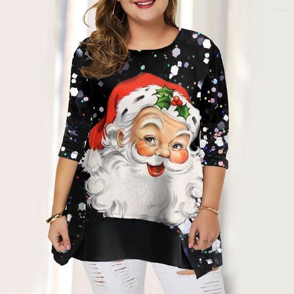 Frauen Blusen 2023 Plus Größe Weibliche Pailletten Rundhals Santa Print Top Weihnachten Elemente Unregelmäßige Lose Langarm T-shirt