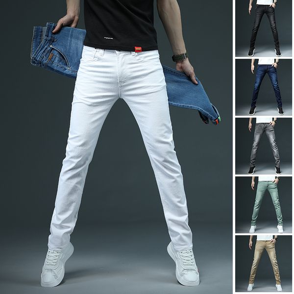 Erkek kot sıska beyaz moda rahat elastik pamuk ince denim pantolon erkek marka giyim siyah gri haki 230317