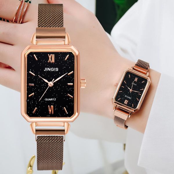 Relógios de pulso vigia as mulheres magnéticas de céu estrelado relógios de luxo relógios de moda retangular feminino quartzo feminino