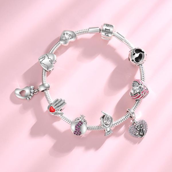 Perlen Andere „Gebären Sie das Leben“ Schwangere Mutter 925 Sterling Silber Charm Rosa CZ Schmuck passend für original europäische Charms-Armbänder