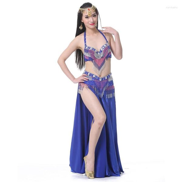 Stage Wear Sexy Noble Belly Dance Suit Reggiseno con paillettes egiziane Gonna con cintura Abito femminile Nappa Spacco lungo