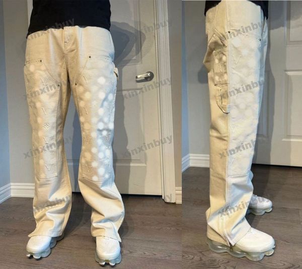 Брюки xinxinbuy Мужские и женские дизайнерские брюки Джинсовая ткань с тиснением и буквами из жаккардовой ткани весна-лето, хлопок, повседневные брюки с надписью цвета хаки Серый абрикос