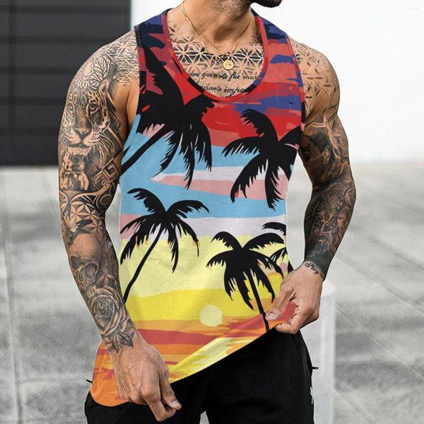 Tanque de tampas masculinas Palm Tree Sunset Impressa Men's Colet Beach Beach Tee Summer Summer Casual Fitness Hawaii Camisa