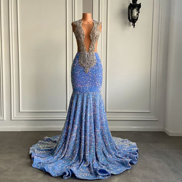 Luxury Sky Blue Long Prom Birthday Dress 2023 Sexy Mermaid Style Sheer Mesh Luxury Silver Diamond Black Girls Paillettes Pageant Abito da sera Robe De Soiree