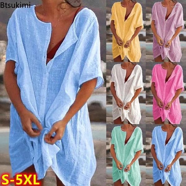 Casual Kleider Damen Baumwolle Linie Strandkleid Sommer Cover-ups Midi Plus Größe 4XL5XL Lose Tuniken Weibliche Weiße Hemd Robe