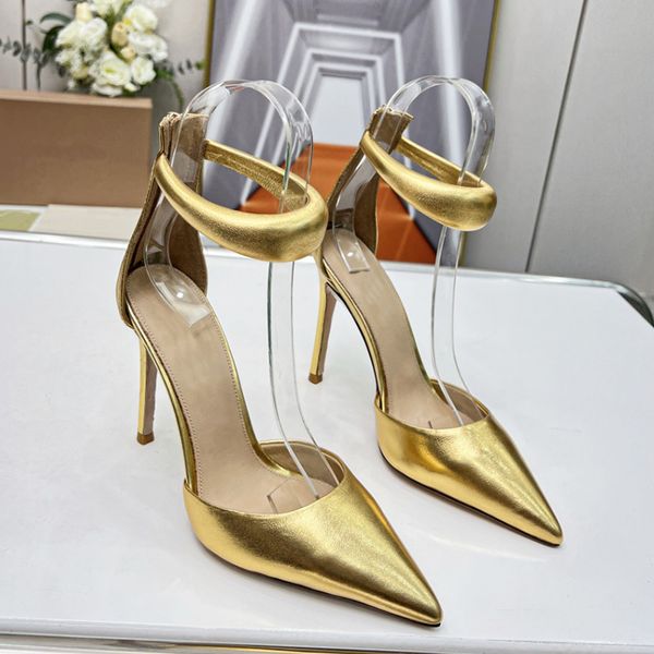 Золотые туфли туфли шпильки на каблуке сандалии дизайнер овчина заостренные пальцы изящные элегантные элегантные сандалию Slingbacks Sandal 10,5 см. Женская обувь 35-41 с коробкой