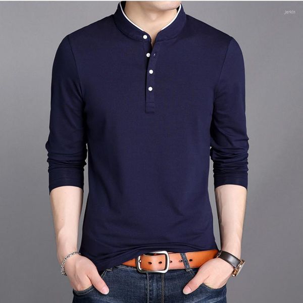 Camisetas masculinas de mola de manga longa botões de algodão Pullovers de algodão Tops casuais comemoras da Coréia