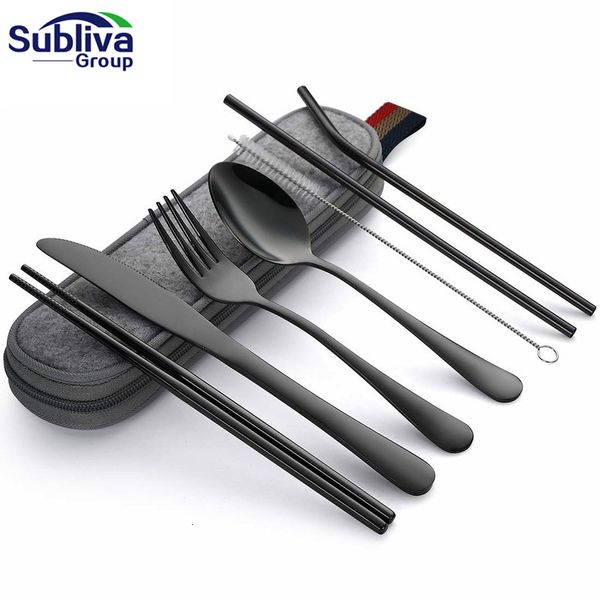 Set di stoviglie 8 pezzi / set Stoviglie riutilizzabili Posate da viaggio Utensili da campeggio con cucchiaio forchetta in acciaio inossidabile Paglia Custodia portatile 230320