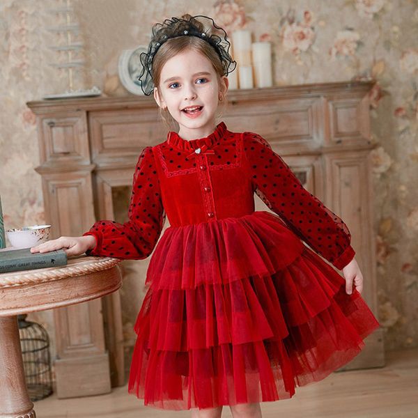 Mädchenkleider Modernes langärmliges Samt-Mädchen-Rot-Performance-Kleid Weihnachtsoutfit Stoff Hochzeitsfeier Kinderkleid für Mädchen 4 7 9 12 14 Jahre 230320