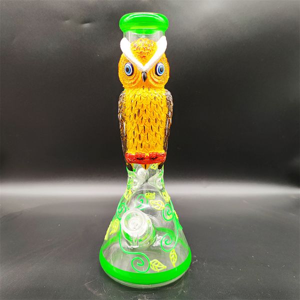 35CM 14 pollici Handy Bong Bong in vetro Pipa ad acqua 3D Gufo verde 9MM Spessore Puffo rosso Bong in vetro Becher spesso Fumatori Bubbler Dab Rig