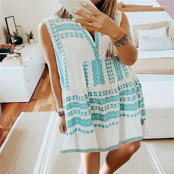 Günlük elbiseler yaz boho mini kadınlar için kolsuz v yaka seksi elbise fırfırlar chic 23xl gevşek vestidos mujer