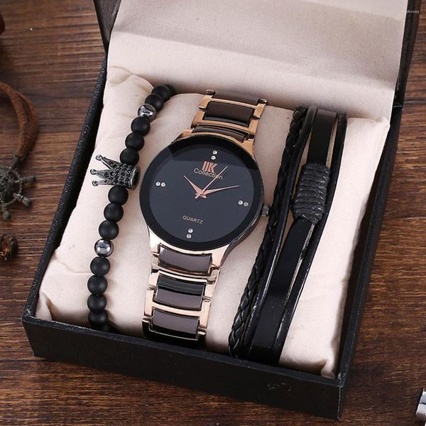 Avanços de Wristwatches Menas de moda masculina Elegante British Style Steel Band Quartz Watch and Bracelet Set