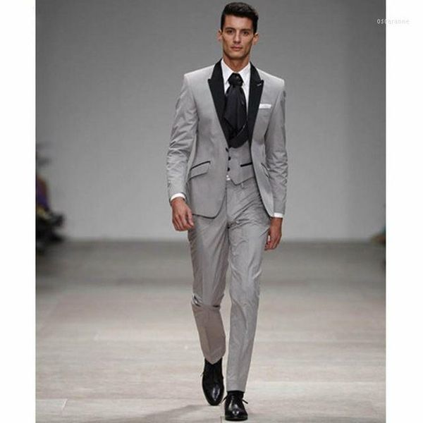 Ternos masculinos de alta qualidade cinza claro com lapor preto Tuxedos Wedding Blazer Man Prom três peças (gravata da calça de jaqueta)