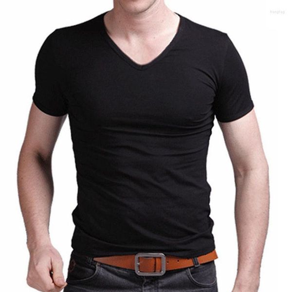 Camisetas masculinas masculino clássico de algodão de algodão curta Camiseta de manga curta sólida branca preta vshirt slim tshirt masculino micro alongamento camise