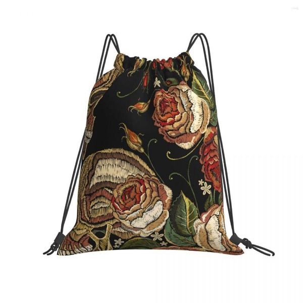 Einkaufstaschen, faltbarer String-Rucksack für Fitnessstudio, Outdoor, Stickerei, Totenkopf und Rosen, Blumen, Laufen, Reisen, Schule, umweltfreundliche Tasche