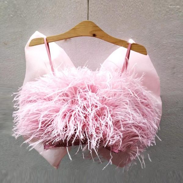 Gonne top rosa top rosa su misura per il coltiva oraganza di oraganza blusa camicetta di spaghetti Feather Party Female Top Fashion Idol Wear