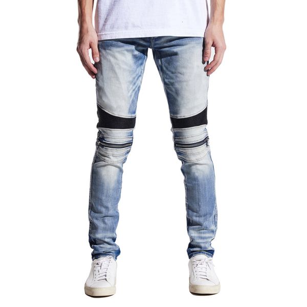 Herren Jeans Leder Biker Reißverschluss Stretch Skinny Fashion High Street Moto Denim Hosen 230320